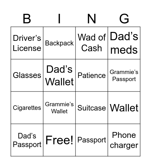 Items Lost on Trip Bingo Card