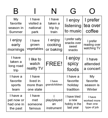 Get to Know You Bingo! Bingo Card