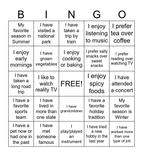 Get to Know You Bingo! Bingo Card