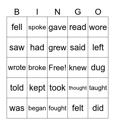 Irregular Verbs Bingo Card