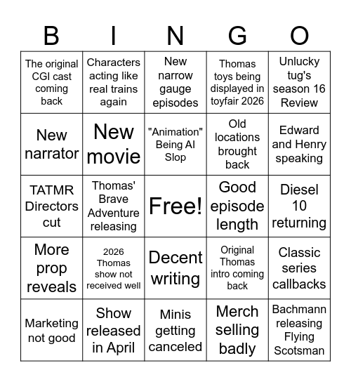 2026 Thomas Prediction Bingo Card