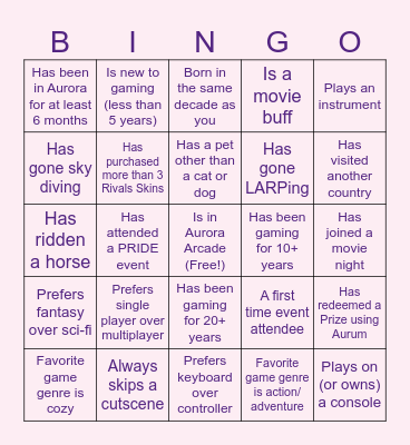 Aurora Arcade Friendship BINGO Card