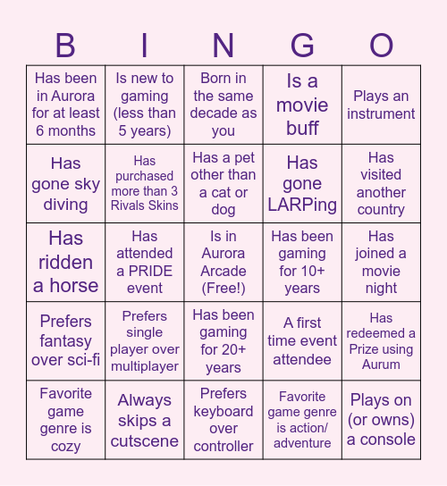Aurora Arcade Friendship BINGO Card