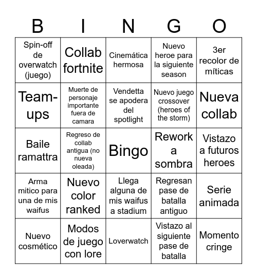 Overwatch Spotlight Bingo Card