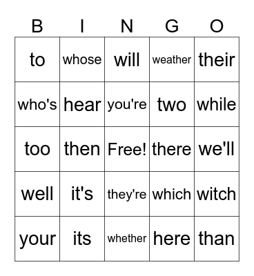 HOMOPHONE BINGO Card