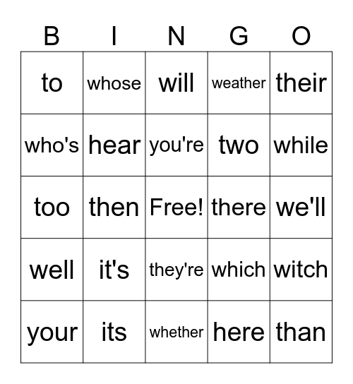 HOMOPHONE BINGO Card