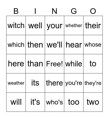 HOMOPHONE BINGO Card