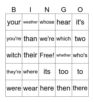 HOMOPHONE BINGO Card
