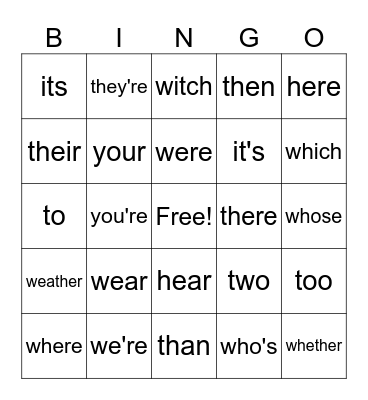 HOMOPHONE BINGO Card