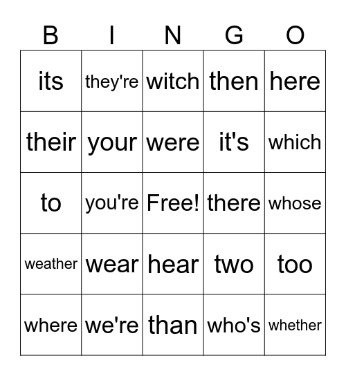 HOMOPHONE BINGO Card