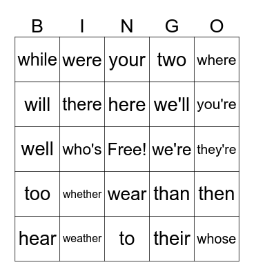 HOMOPHONE BINGO Card