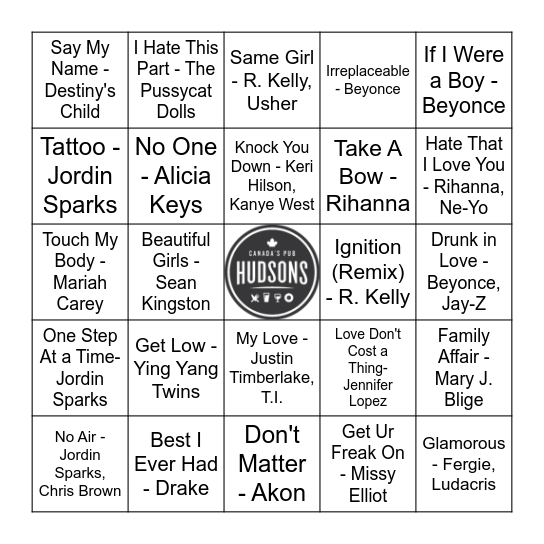 2000's R&B Bingo Card