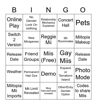 Tomadachi Life Living the Dream Bingo Card