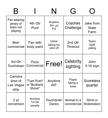Super Bowl Bingo Card