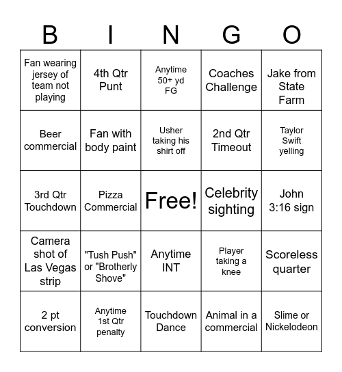 Super Bowl Bingo Card