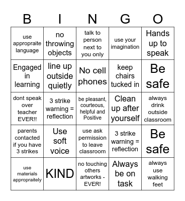 Miss Billingtons Art Rules Bingo Card