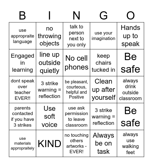 Miss Billingtons Art Rules Bingo Card