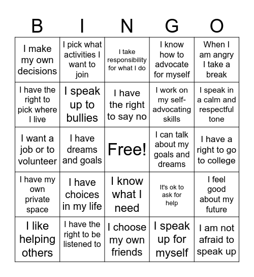 Self-Advocacy BINGO Card
