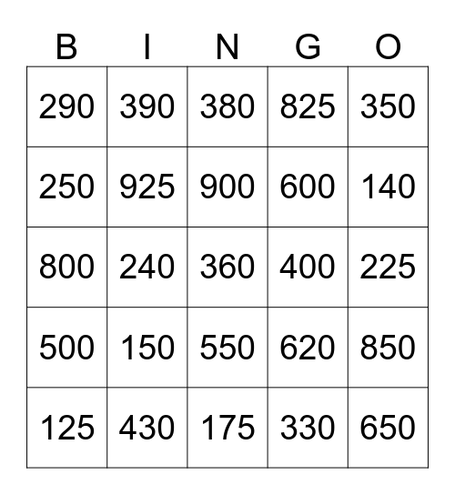 three digit bingo Card
