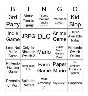 Nintendo Direct Feb 2026 Bingo Card