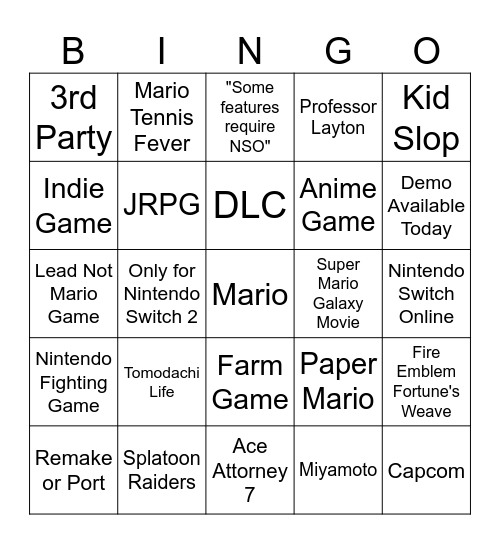 Nintendo Direct Feb 2026 Bingo Card