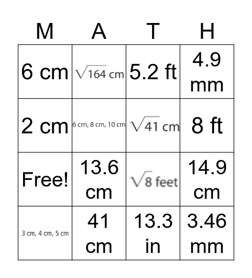 Pythagorean Theorem BINGO Card