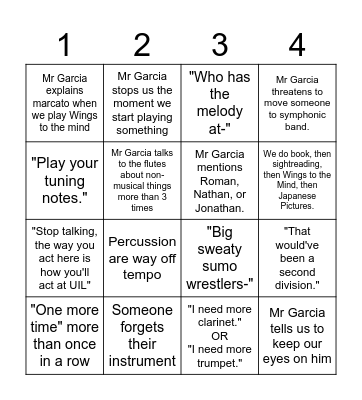 Band Bingo Card