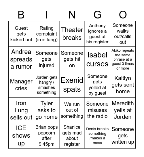 Premiere Bingo Card