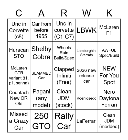 Car Week Bingo Card