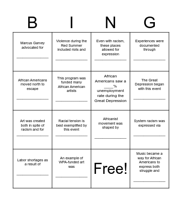 Harlem Renaissance Bingo Card
