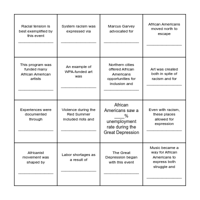 Harlem Renaissance Bingo Card