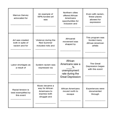 Harlem Renaissance Bingo Card