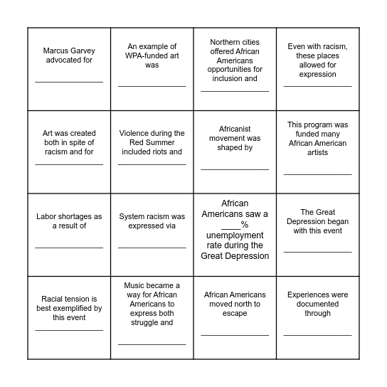Harlem Renaissance Bingo Card