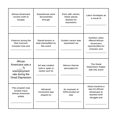 Harlem Renaissance Bingo Card