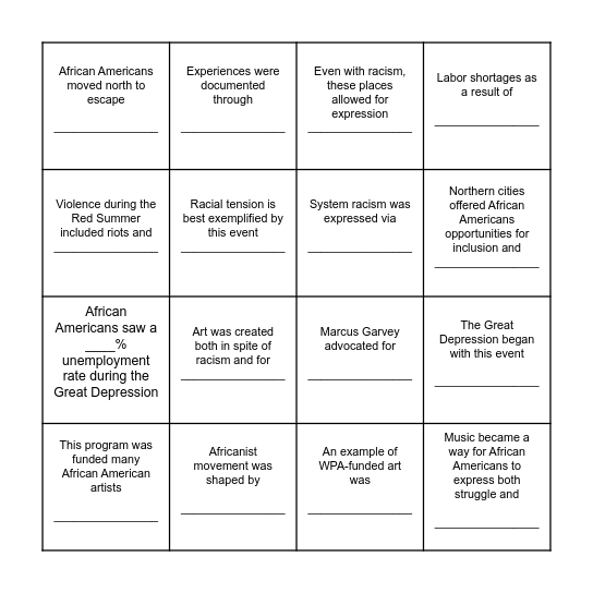 Harlem Renaissance Bingo Card