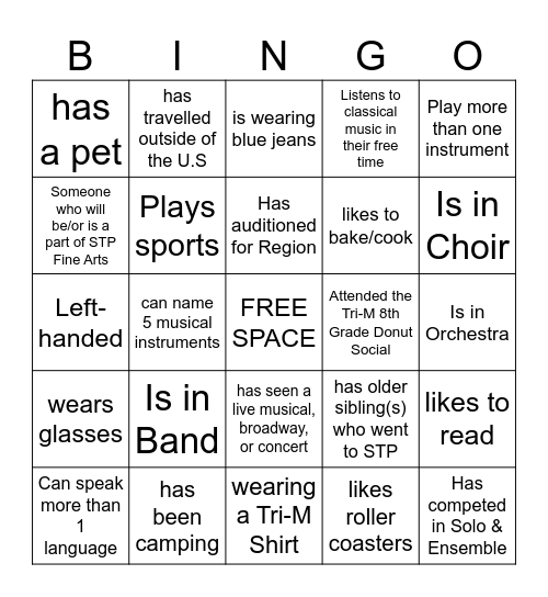 Musical Bingo Card