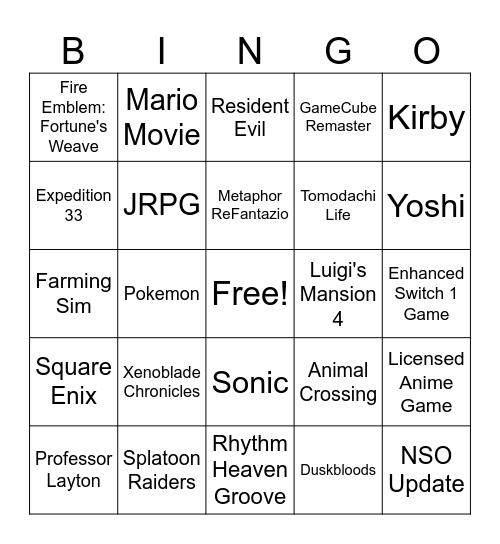 Nintendo Direct Bingo Card
