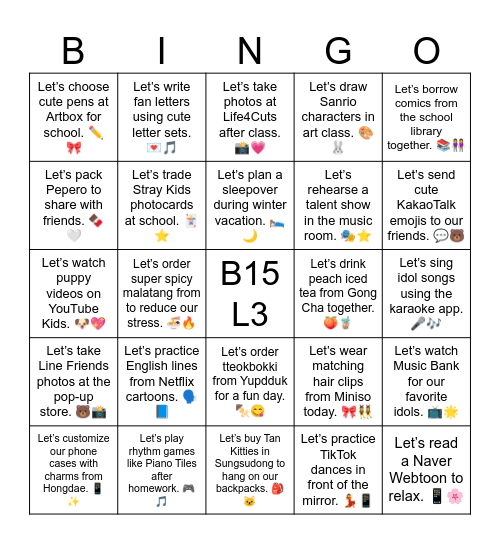 B15 L3 Let’s pack Pepero to share with friends. 🍫🤍 Bingo Card