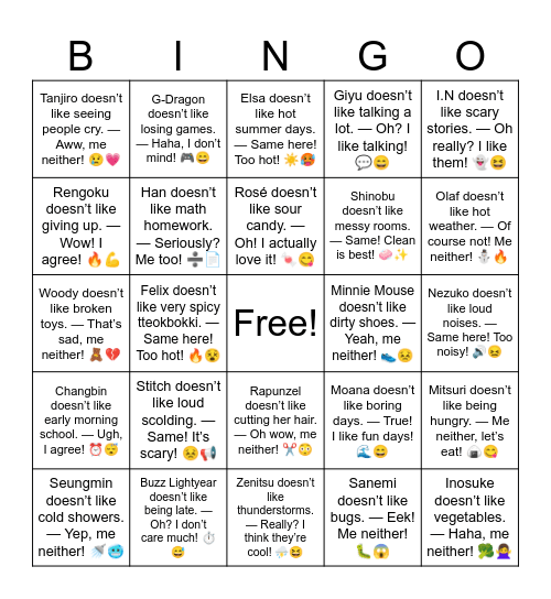 B15 L4 Inosuke doesn’t like vegetables. — Haha, me neither! 🥦🙅‍♀️ Bingo Card