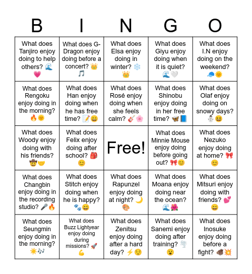 B15 L7 What does Giyu enjoy doing when it is quiet? 🌊🤍 Bingo Card