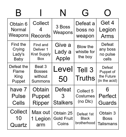 Lies of P Bingo Card