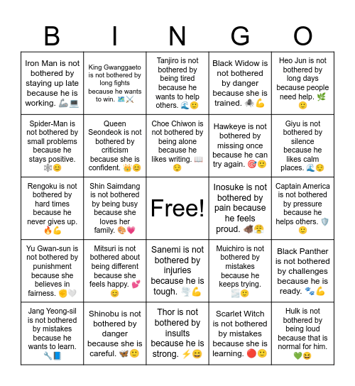 B15 L9 Scarlet Witch is not bothered by mistakes because she is learning. 🔴🙂 Bingo Card
