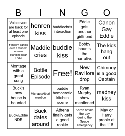 9-1-1 Season 9 Bingo Card