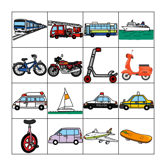 transportation Bingo Card