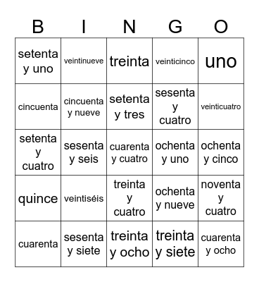 Los Números 0-99 Bingo Card