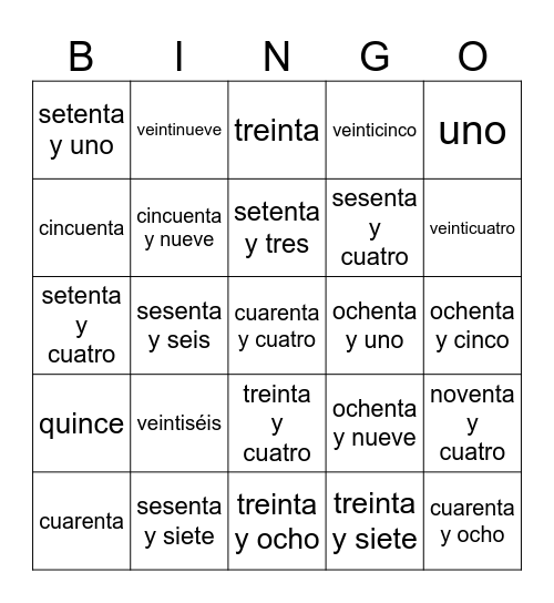 Los Números 0-99 Bingo Card
