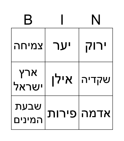 בינגו ט"ו בשבט משען Bingo Card