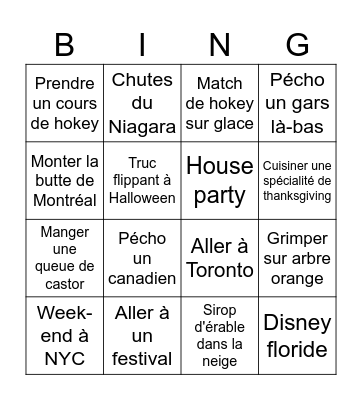 Bingo Canada Bingo Card