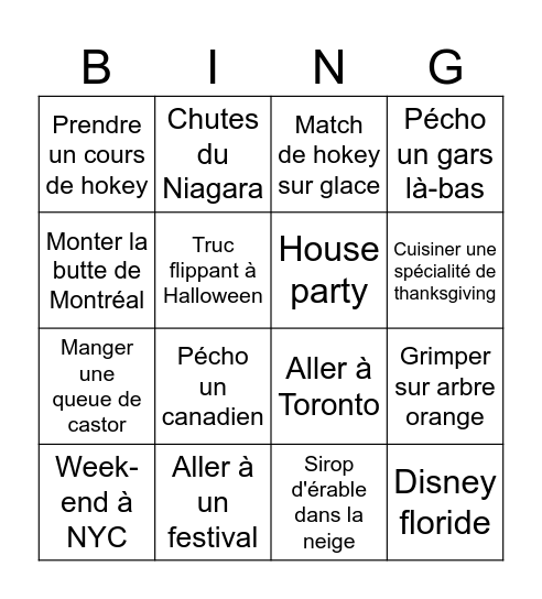 Bingo Canada Bingo Card