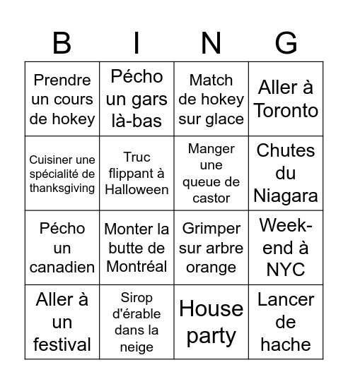 Bingo Canada Bingo Card